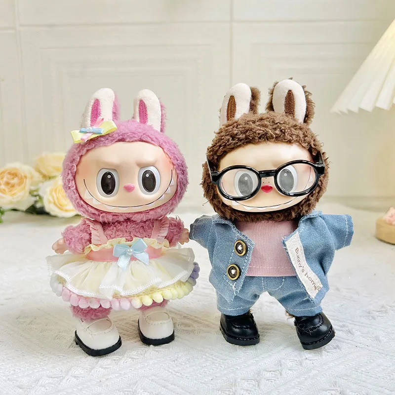 L-1995 17cm Pendant blind box replacement Doll double buckle Denim three-piece suit Cute Dress Outfit Clothes Only Labubu