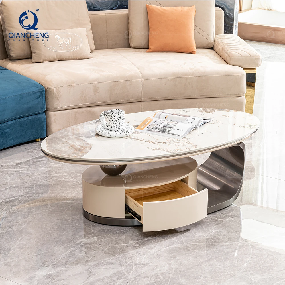 wooden oval center table steel metal furniture villa apartment project customized korean style coffee table for interior design