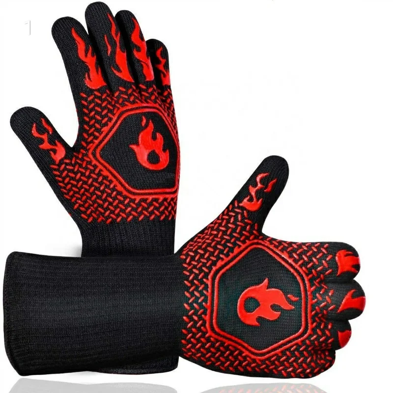 
Extreme Food Safety Black Aramid Silicone Heat Resistant Welding Grill Kitchen Oven Cooking Barbecue Baking Cutting BBQ Gloves 