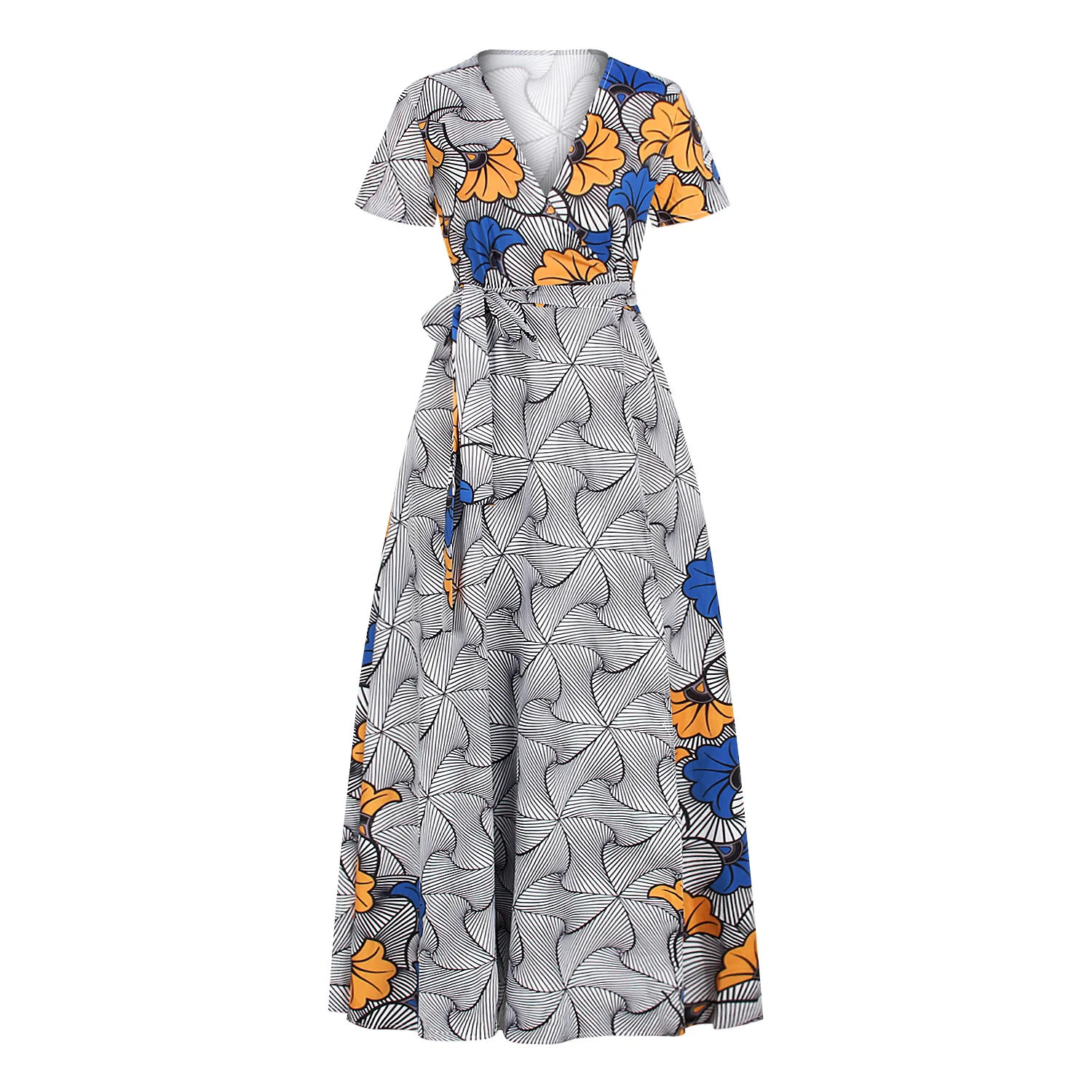 
Hot Sale Wholesale Vintage Dashiki African Floral Printed Short Sleeve V Neck Maxi High Waist Dress 