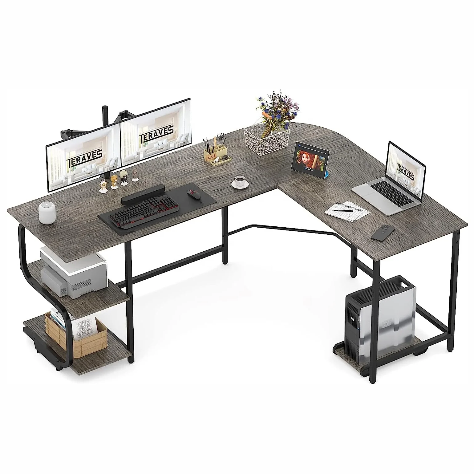 L Shaped Desk with Large Surface 9 Inch Sturdy Corner Desk with Storage Shelves Premium Home Office Computer Desk Workstation