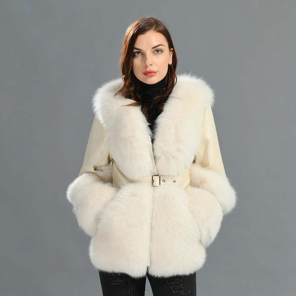 New Arrival Fashion Genuine Fox Fur Coat With Leather Belt And Sleeves Wholesale Winter Women Real Fluffy Fur Coat