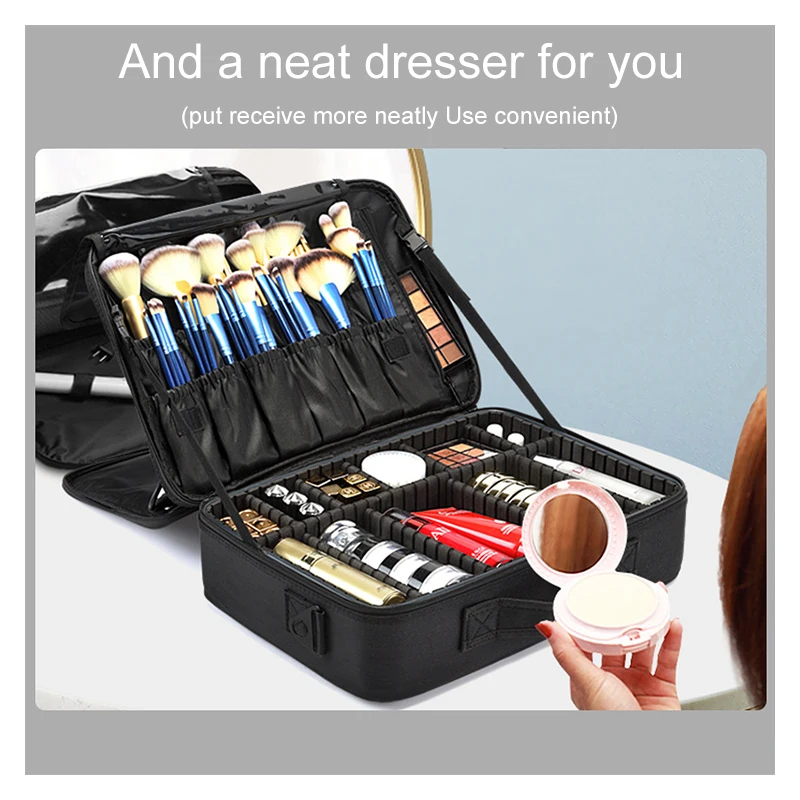 Portable Professional Large Capacity Adjustable Travel Makeup Storage Bruch Bag Cosmetic Organizer Case with mirror