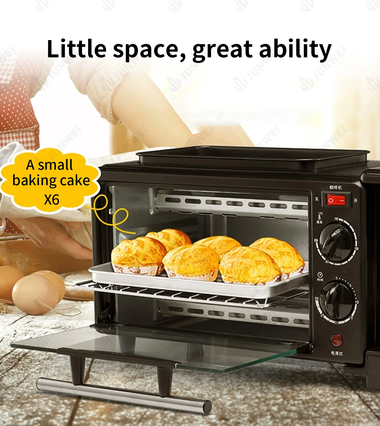 junwei 3 in 1 breakfast maker machine small electric oven manufacturer mini multifunctional 9l Manual Toaster Ovens