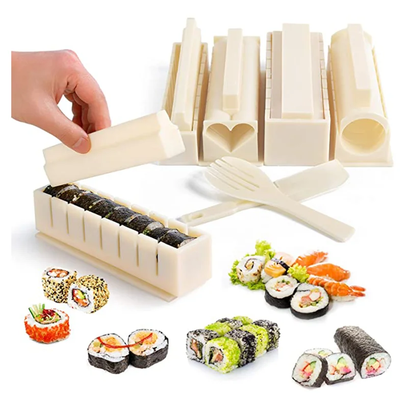 White Sushi Making Kit 10 piece Deluxe DIY Sushi Maker with 4 Rice Mold Shapes Round manual Easy and Fun Sushi rolls