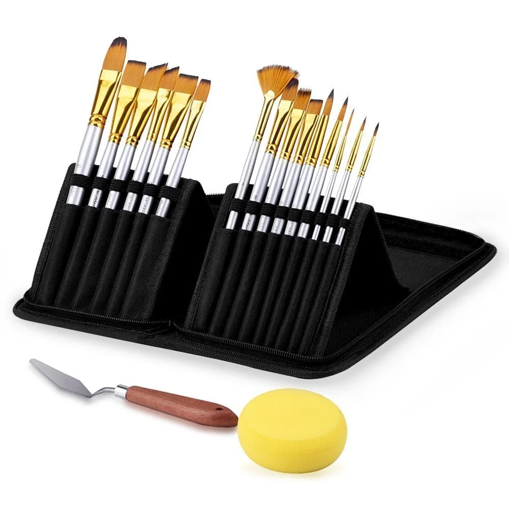 Paint Brush Free Cavas Bag Short Wood Handle Best Nylon Hair High Quality 15 Pieces Free Sample Canvas Bag Artist Brush Set