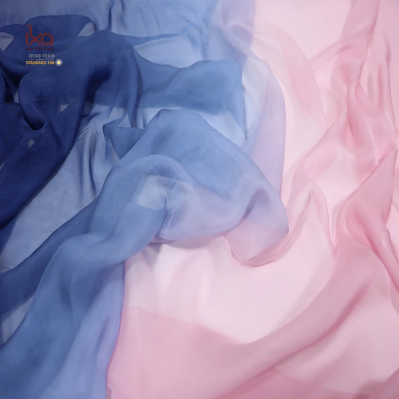 Blue Pink Gradient Digital Printed Ultra Thin Wedding Custom Undyed China Natural Silk Chiffon Fabrics for Dress