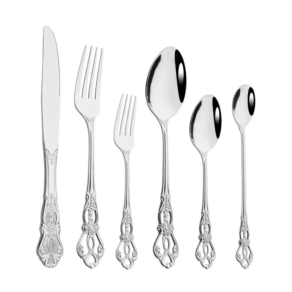 Dozen 12 pcs Gold Embossing Stamp Seafood Fork Cheese Knife Bouillon Spoon Cutlery Set Iced Teaspoon