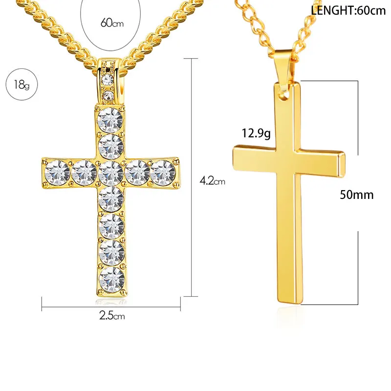 New Stainless Steel Cross Gold Silver Color Necklace Fashion Vintage Crystal Diamond Cross Pendant Necklace