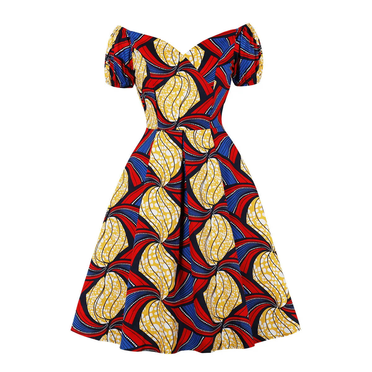 New African Ethnic Print Casual Women Dress A Line Off Shoulder Bubble Sleeved Swing Pleated Dress Ankara Dashiki Summer Dress