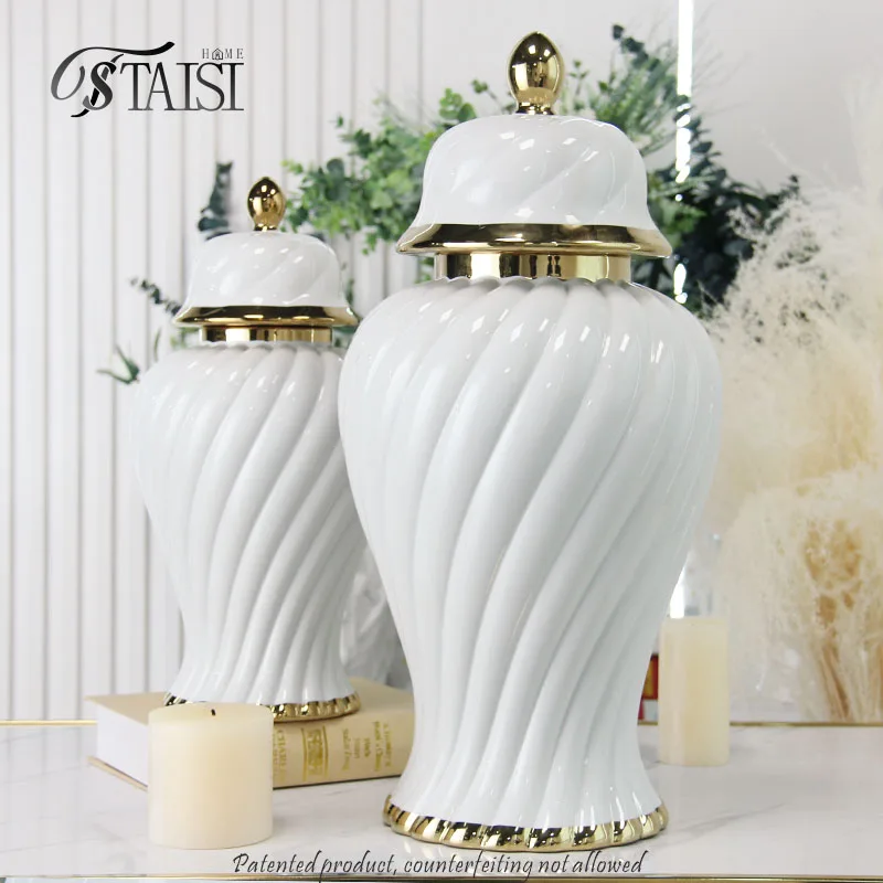 J296 Modern Gold and White Spiral Wavy Pattern Ginger Jar Art Decor Design Glazed Tabletop Vase for Wedding Other Home