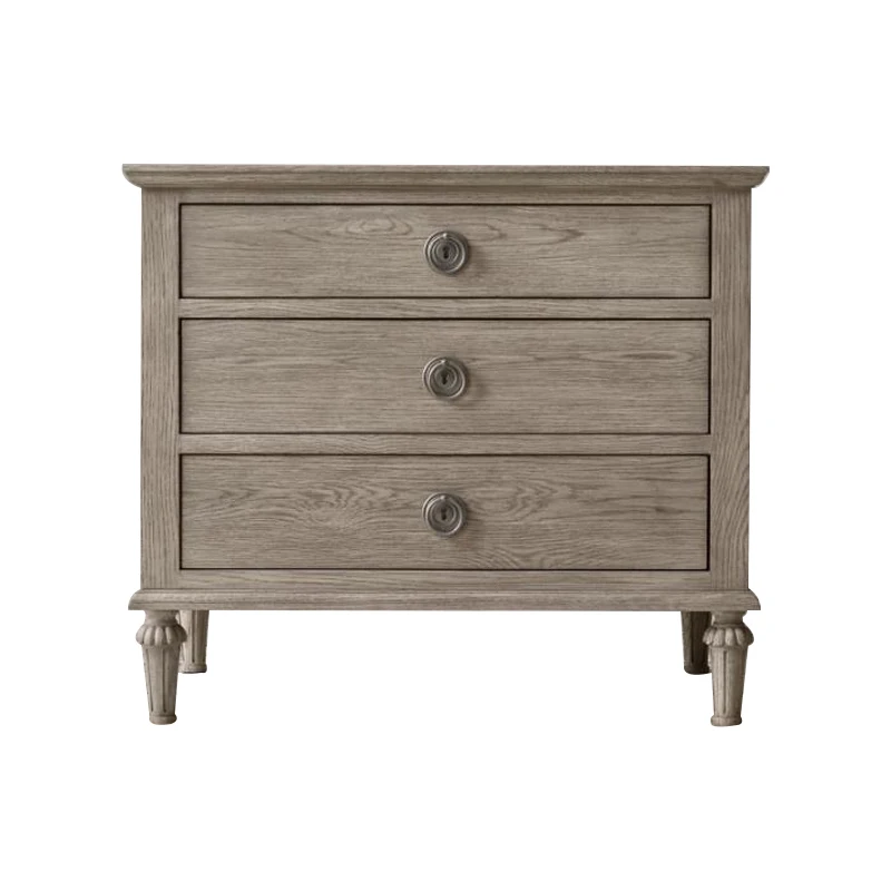 RH American solid wood nightstand vintage carved drawer locker Bedroom oak bedside cabinet three draw storage cabinet custom