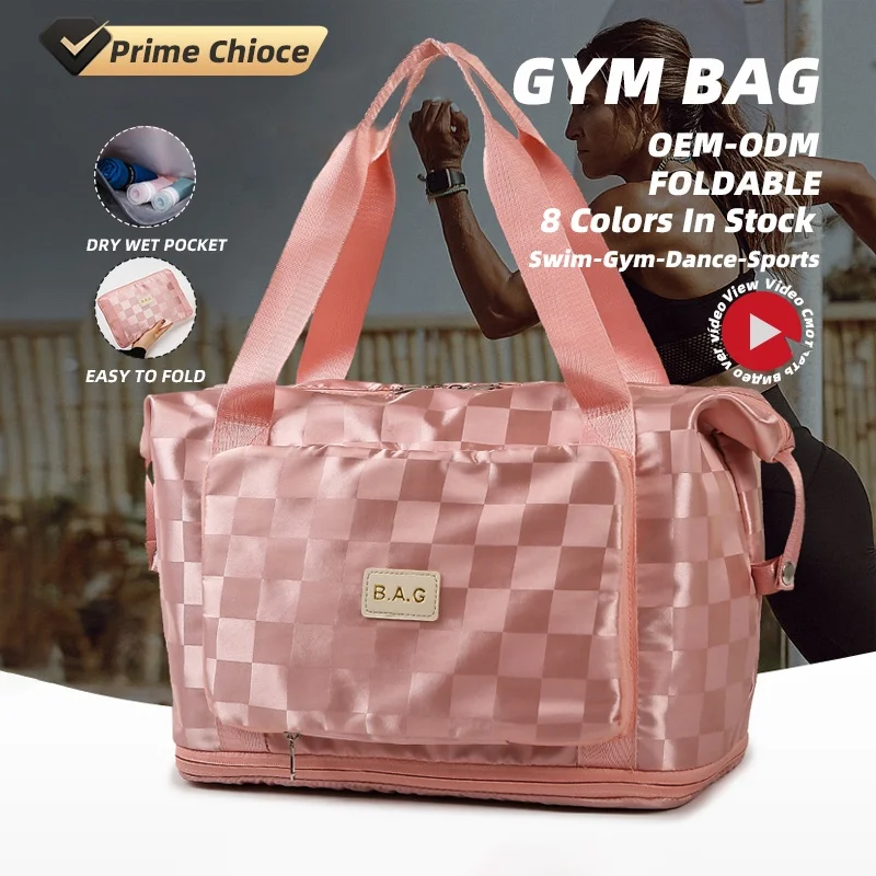 Expandable Folding Laser Shiny Checkerboard Custom Logo Big Capacity Dry Wet Waterproof Outside Pocket Weekender Travel Tote Bag