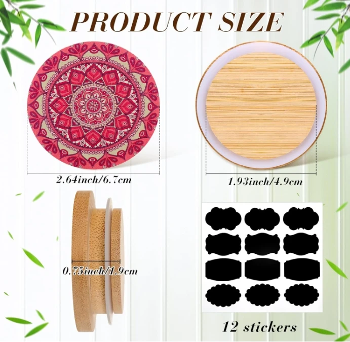 W460 Yogurt Jar Lids Reusable Bamboo Mandala Pattern Lids with Silicone Sealing Rings