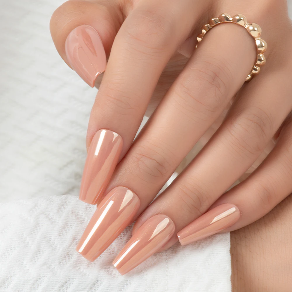 Wholesale Acrylic Chrome Nails Champagne Orange Shimmer Electroplating Long Coffin Press On Nails Artificial False Fingernails