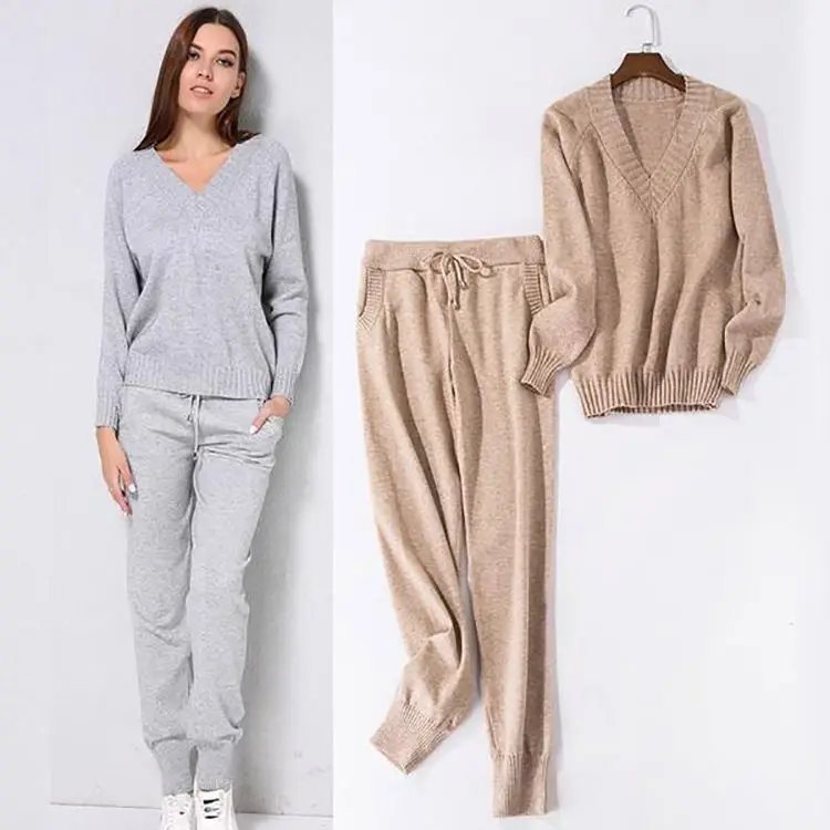
Custom V Neck Long Sleeve Knitwear Sweater Sets Soft Kintted Lounge Wear Women Sweaters 2 Piece Loungewear Set 