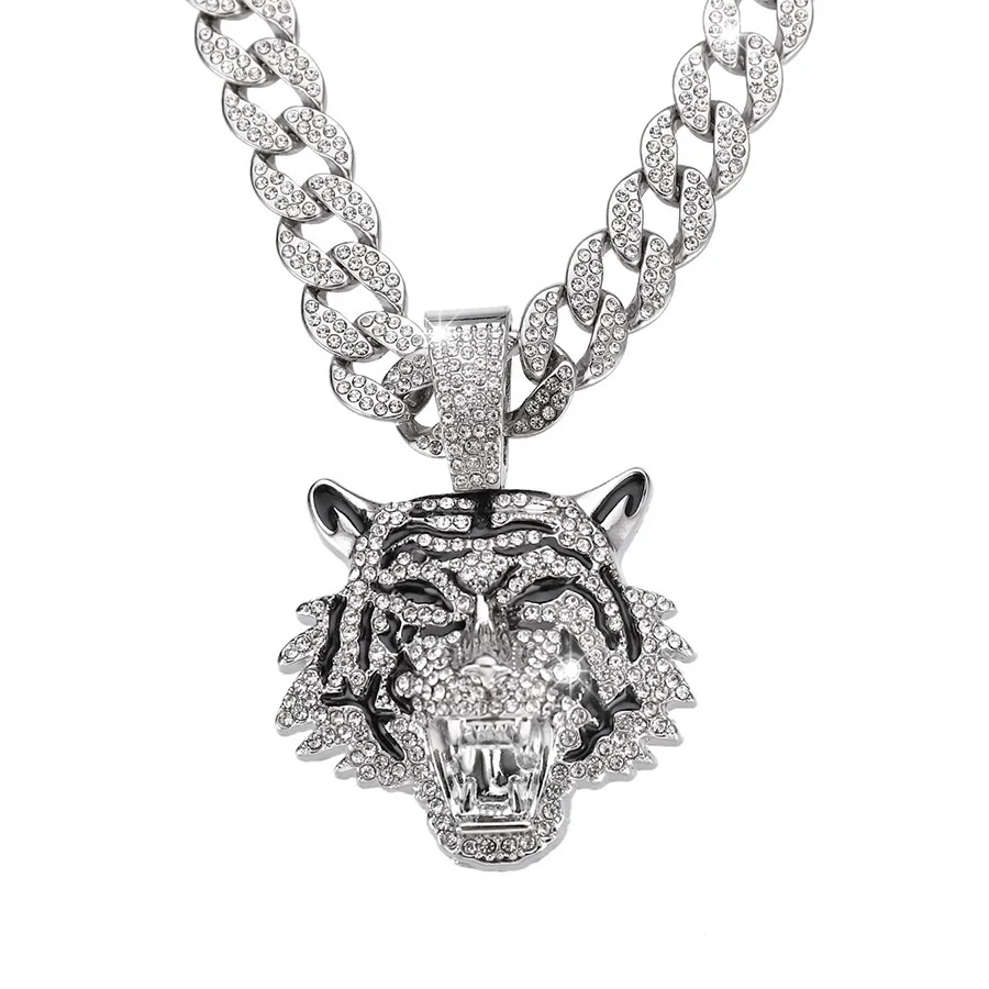 Iced out hip hop 15MM big miami cuban chain with alloy and bling rhinestone tiger head pendant necklace