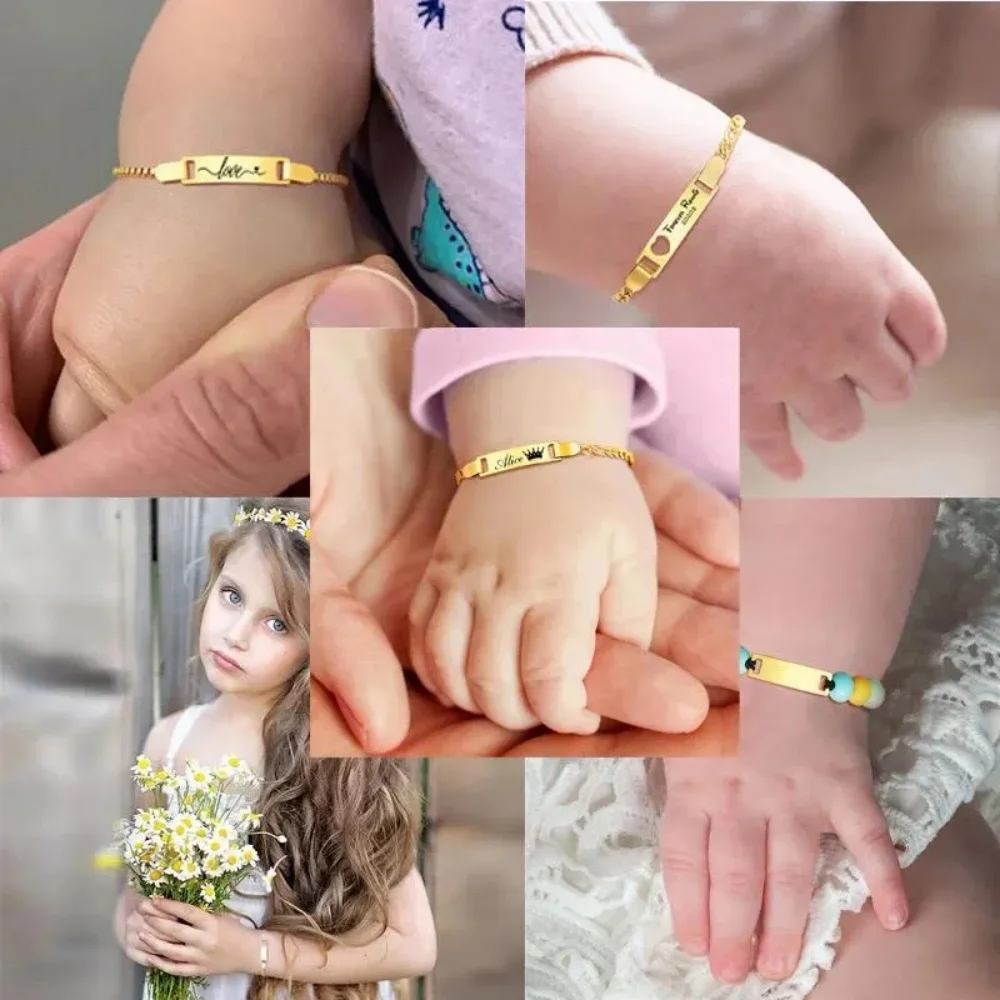 Lateefah Children Anniversaries Custom Engraved DIY Name Gold Plated Stainless Steel Curved Baby Bracelet