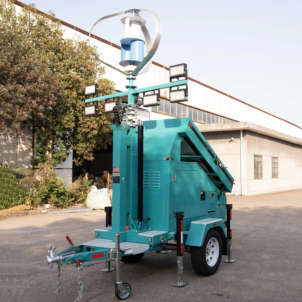 Portable No emissions solar light tower with wind turbo Australian Standard Trailer