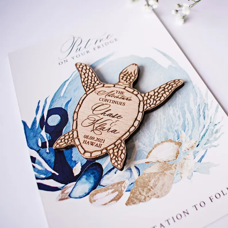 Free custom Wedding magnet save the date cards  laser engraved wooden Turtle summer beach magnets for wedding favor