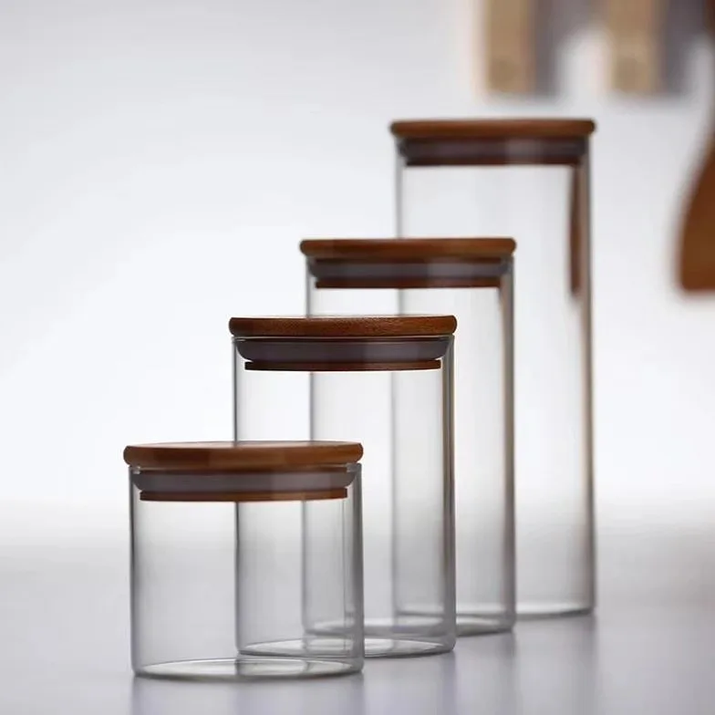 Glass Kitchen Canisters with Airtight Bamboo Lid glass Storage Jar with bamboo lid