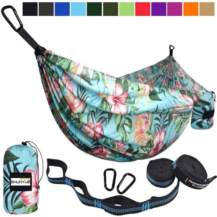 
Customized sublimation printing hammock with drawstring bag, 2 person portable boho hammock with tree straps 
