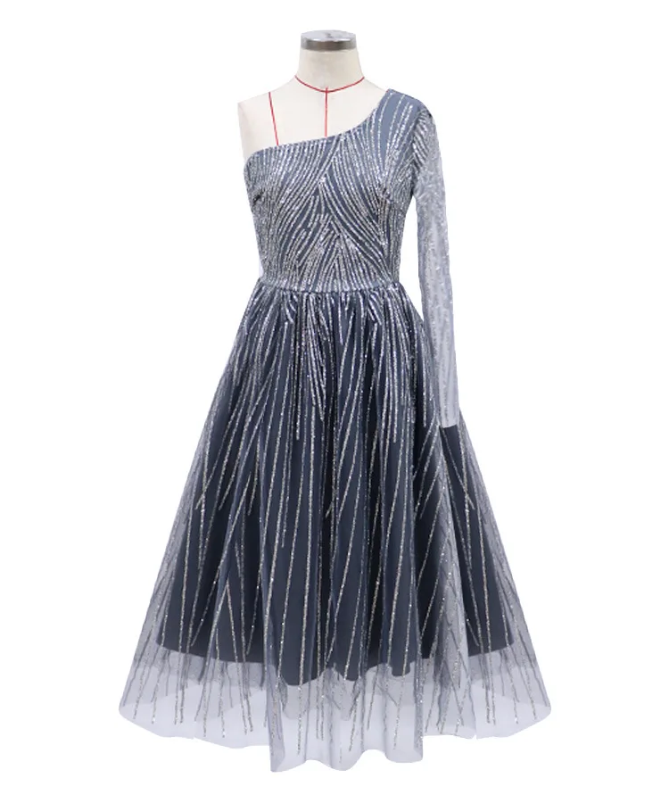 
Low price sexy gray shining mesh side sleeve silver backless slim dress sequin beading prom dress 