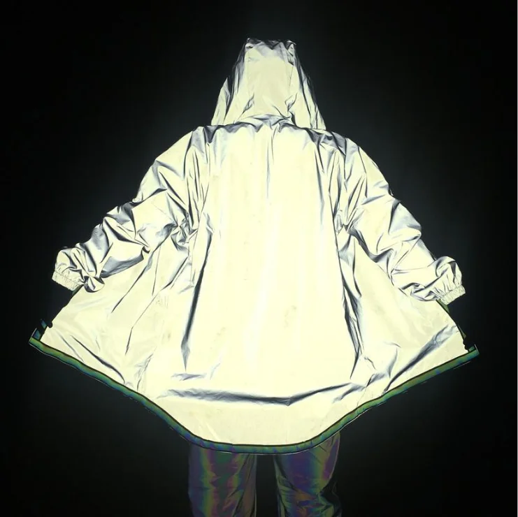 wholesale new hip hop style outdoor wear grey without zipper polyester high light reflective long length wind breaker clothing
