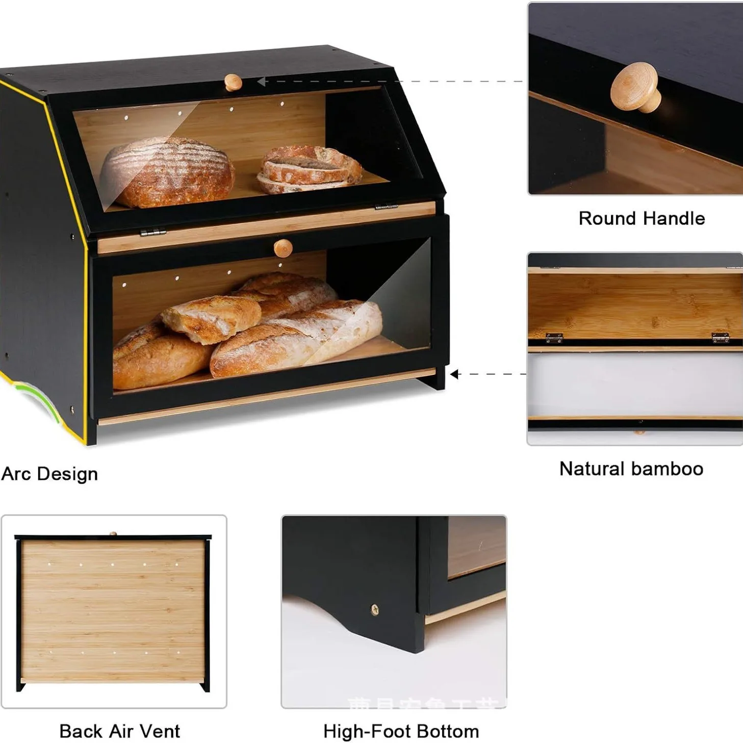 Large Capacity Double Layer Kitchen Storage Boxes Bins Large Bamboo Bread Storage Bin Bread Box for Food