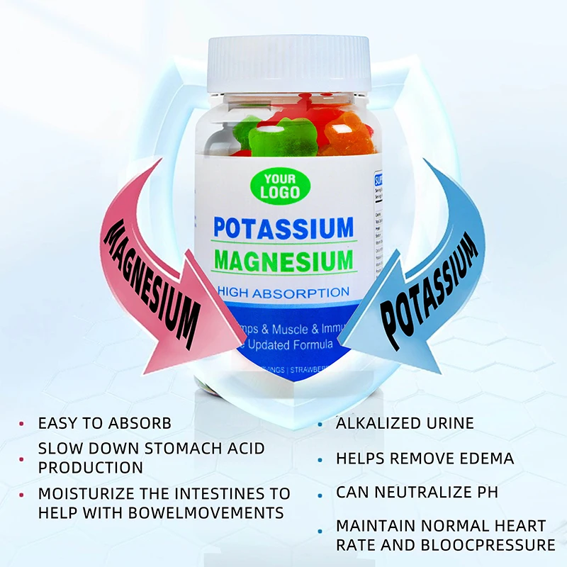 Custom Label Dietary supplement Vitamin D Immune System Vitamin B6 Promotes muscle relaxation  Potassium Magnesium Gummies