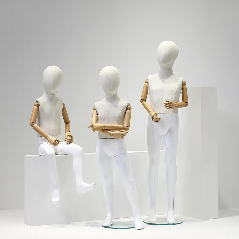 White fabric covered Sitting/Stand full body Mannequin with wooden arms Children dress form manikin Child Clothing Store Display