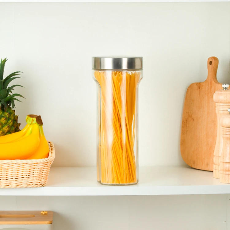 bpa free modern large kitchen transparent glass vacuum candy pasta coffee storage jars container organiser stainless steel lid
