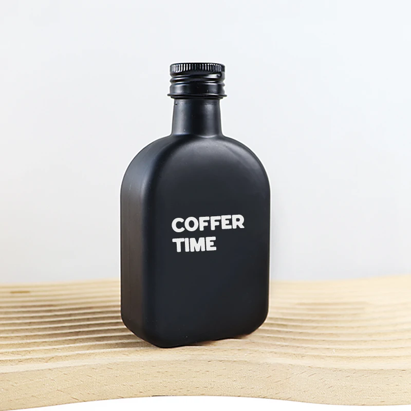 Custom color matt black glass bottle for cold brew coffee 200ml 250ml flat glass flask bottle with Aluminum cap