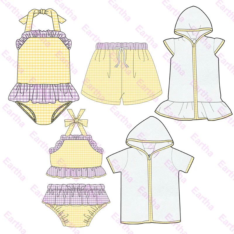 Matching Swimsuits Seersucker Bathing Suits summer beach kids boys swim Trunks baby girls swimwear