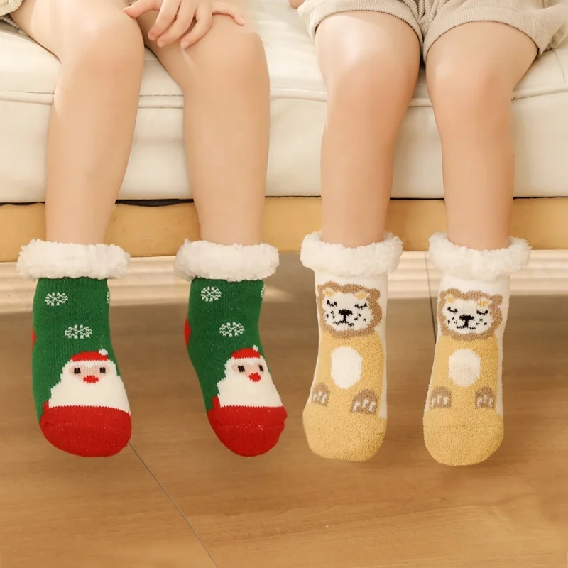 toddler kids children Christmas Winter knitted Warm fleece sherpa lining long Slipper Sock With Grips