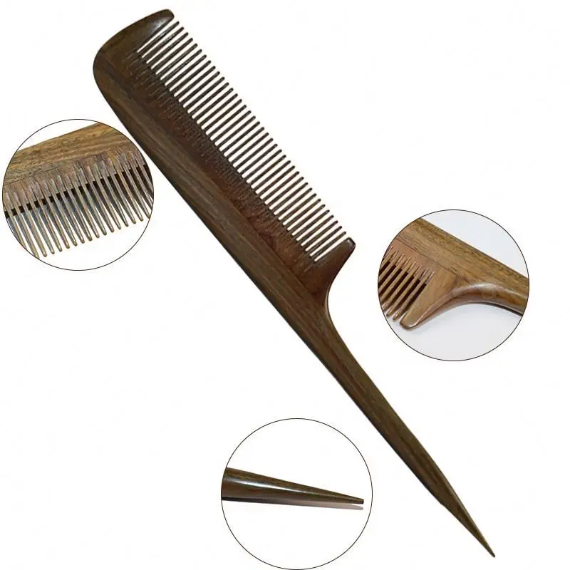 Hot Sale Eco-friendly Natural Folding Long Handle for Man Beard Rat Tail Wide Tooth Parting Green Sandalwood Hair Comb Set