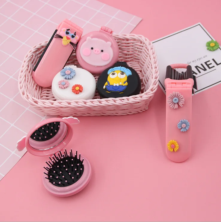 Korea style cute hair comb with mirror cartoon massage brush scalp foldable hairbrush small portable