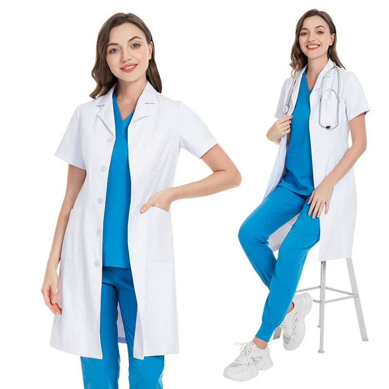 High Quality Short Sleeve Polyester Cotton Lab Coat Medical Nurse Scrub Uniform Hospital Doctor Unisex Scrub White Lab Coat