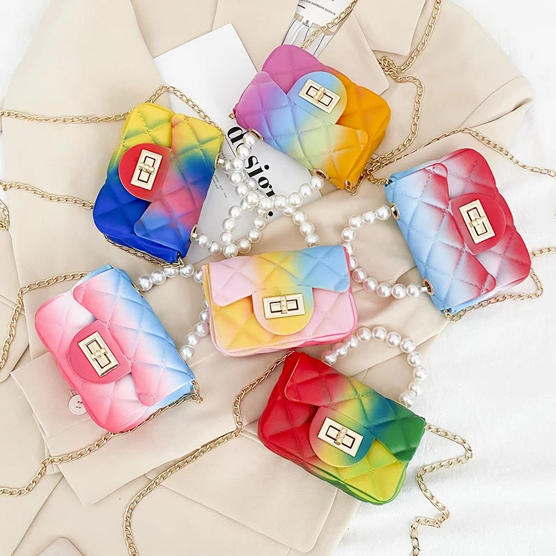 
2021 New Trendy Wholesale Promotion Small Kid Purses and Handbags Women Chain Cute PVC Rainbow Colors Cross Body Mini Girls Bags 