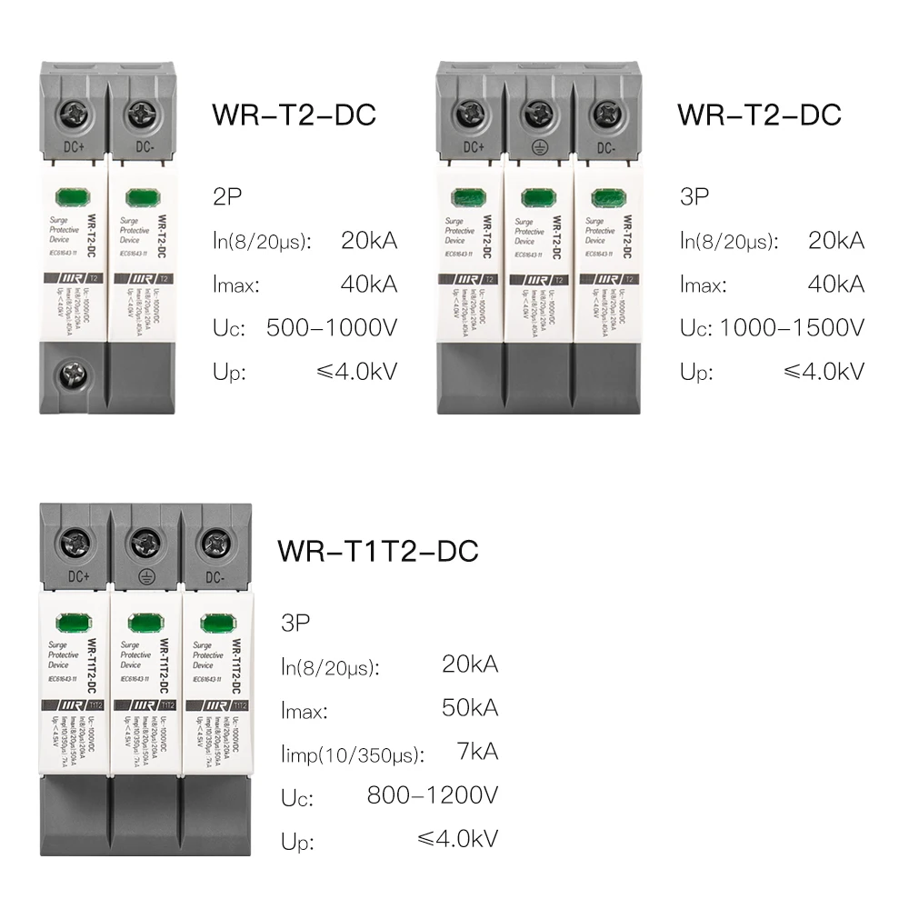 WR-T1T2 1000V 3P SPD Industrial Control Lighting Arrester 3Pole Class C Power Supply Surge Protector DC Surge Protection Device