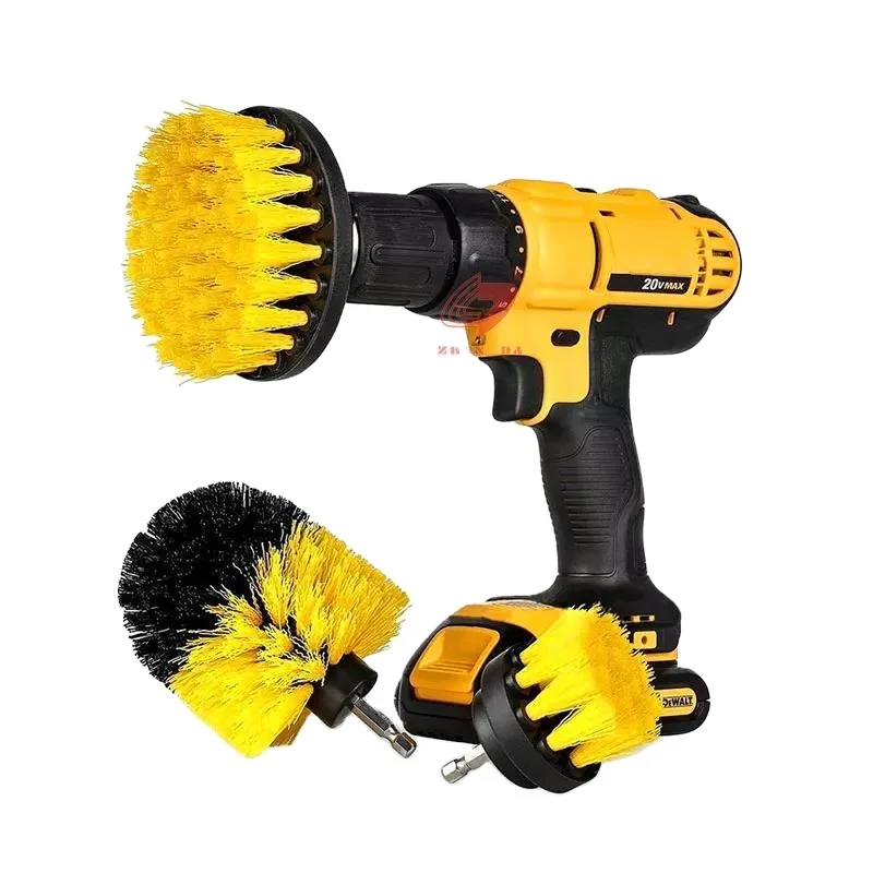 3 pcs/set Yellow Drill Brush Attachment Set Car Cleaning Kit for Bathroom Surfaces, Grout, Floor