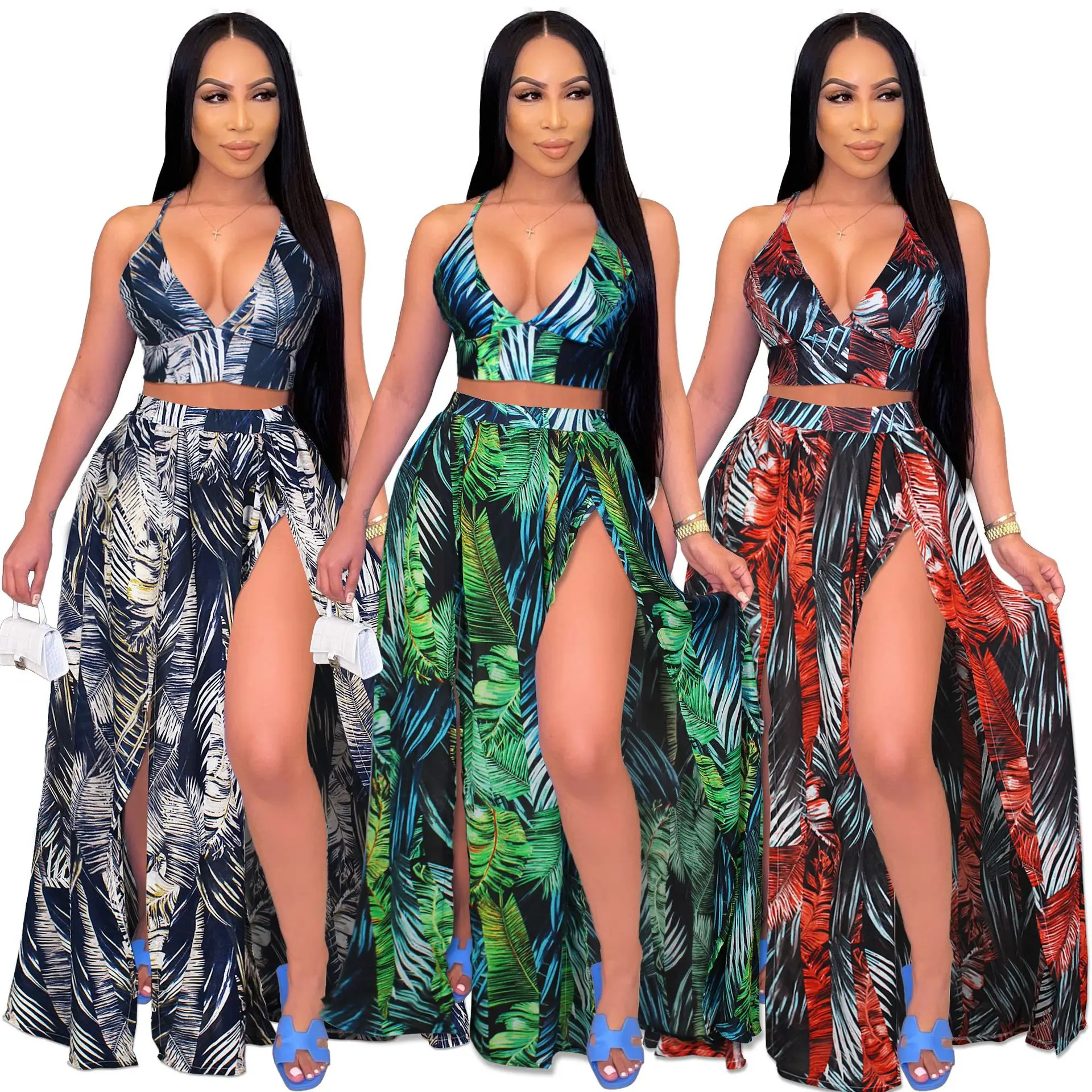 High Quality Sexy Party Two Piece Printed Set Crop Top Skirt Set Woman Summer Dress Bikini Top Maxi Beach 2 Pieces Split dress