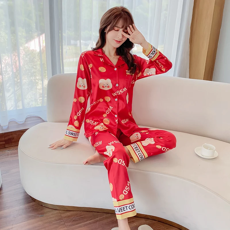 
Print Women Pijama Satin Silk Pyjamas Long Sleeves Pajamas wholesale pajama sets 