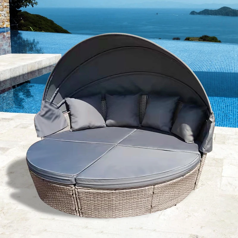 5-piece Modular Patio Furniture Outdoor Daybed Wicker Sunbed Sectional Conversation Round Sofas Set with Canopy For Garden Lawn