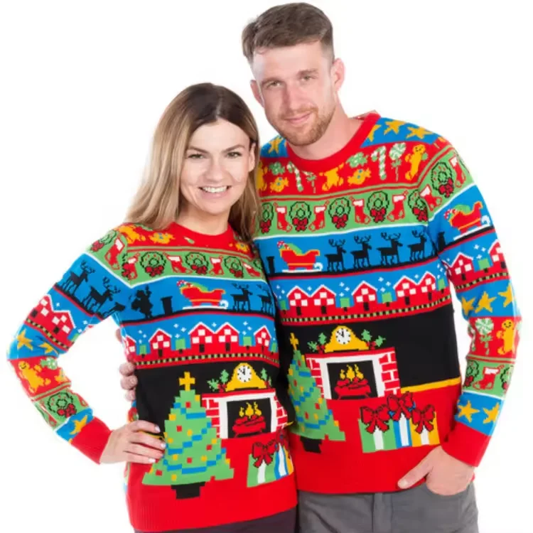 Custom Jacquard Knitted Pullover Matching Ugly Christmas Sweater Family Green Acrylic Women Christmas Jumper For Couple