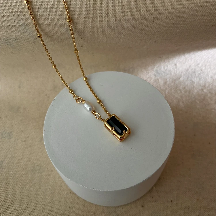 Rectangle Black Cubic Zircon Natural Freshwater Pearl Necklace Beads Chain Pendant Necklaces Women INS French Vintage Jewelry