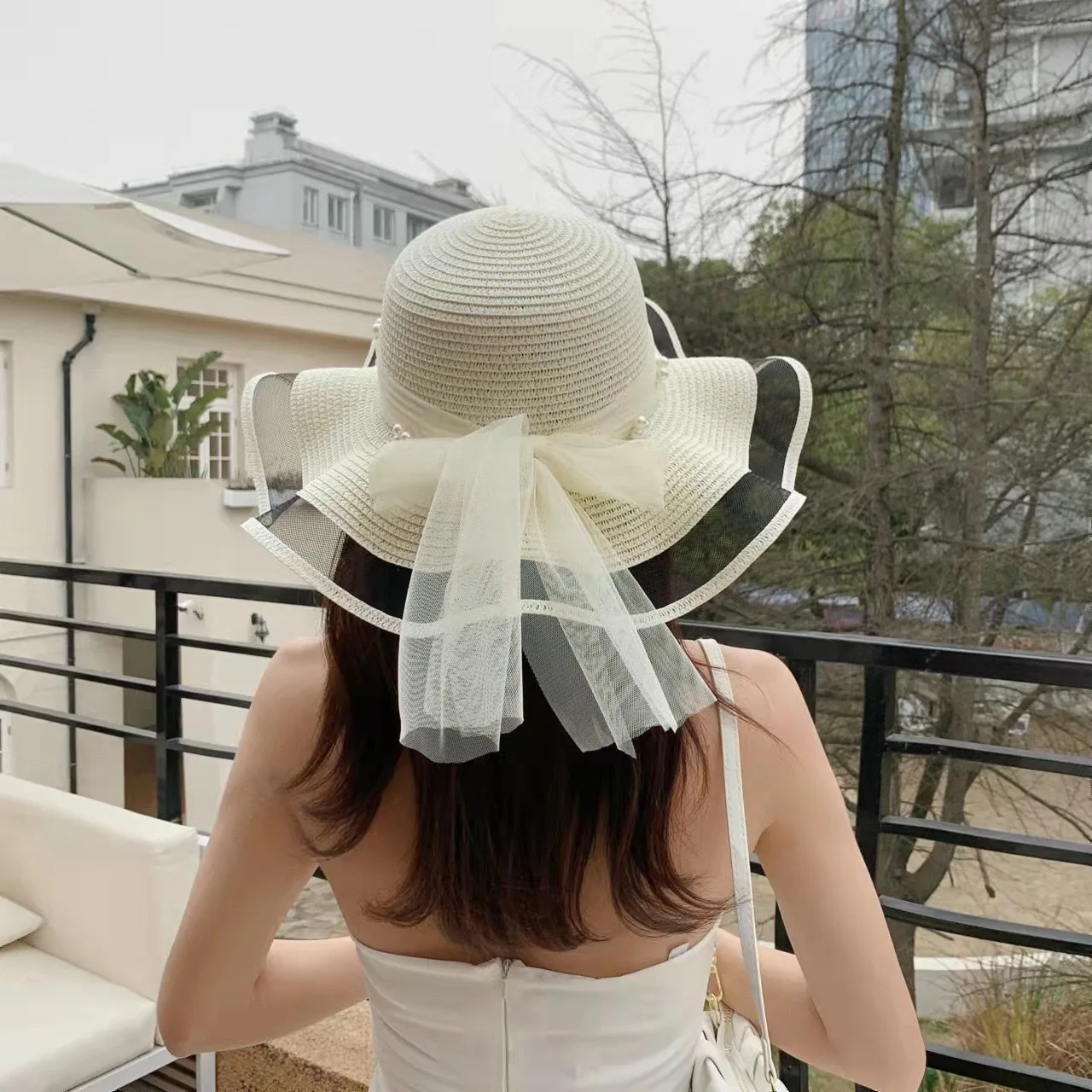 Lace Bowknot Wave Fashion Wide Brim Braided Roll Up Travel Packable Summer Girls Straw Jazz Hat Beach Cap With Pearl For Women