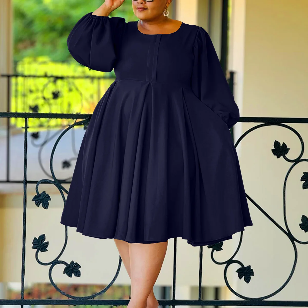 popular plus size women fall winter clothing Fashionable casual solid color big swing  puff sleeve loose dress