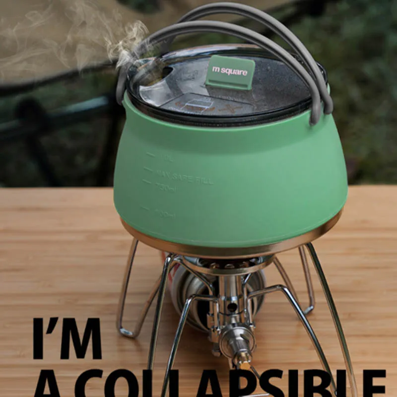 Foldable Boiling Kettle Outdoor Portable Collapsilbe Light Dark Green Fire Power Silica Gel Glass Metal