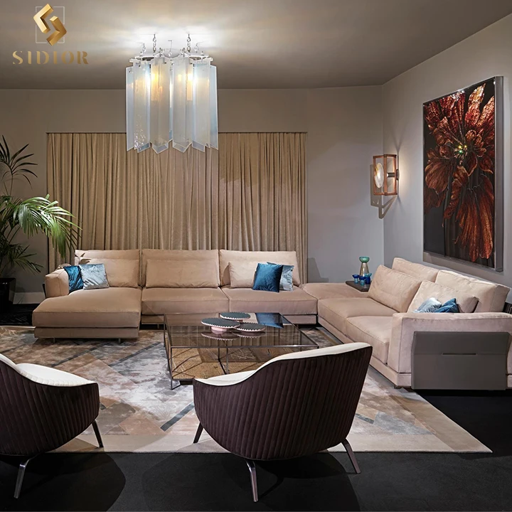 L shape sofa big villa living room furniture large  leather section sofa customized size luxury sofa set